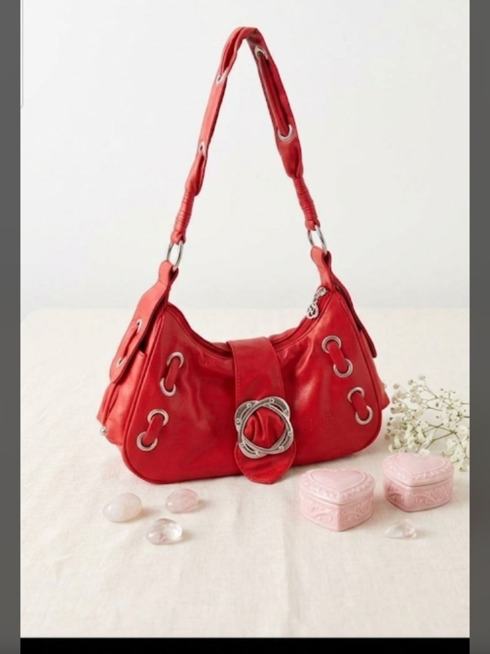 Chic Red Vegan Leather Shoulder Hobo Bag with Silver Hardware